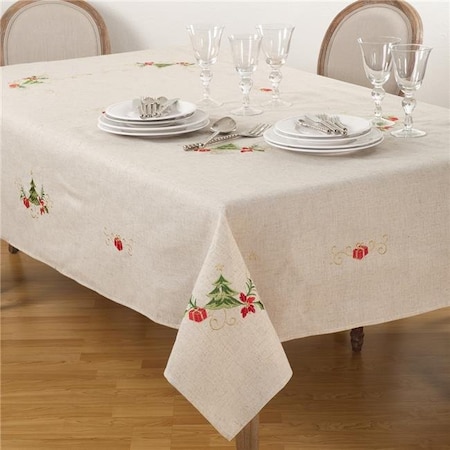 Saro Lifestyle SARO 1710.N67120B 67 x 120 in. Rectangle Embroidered Christmas Tree Design Holiday Linen Blend Tablecloth  Natural 1710.N67120B